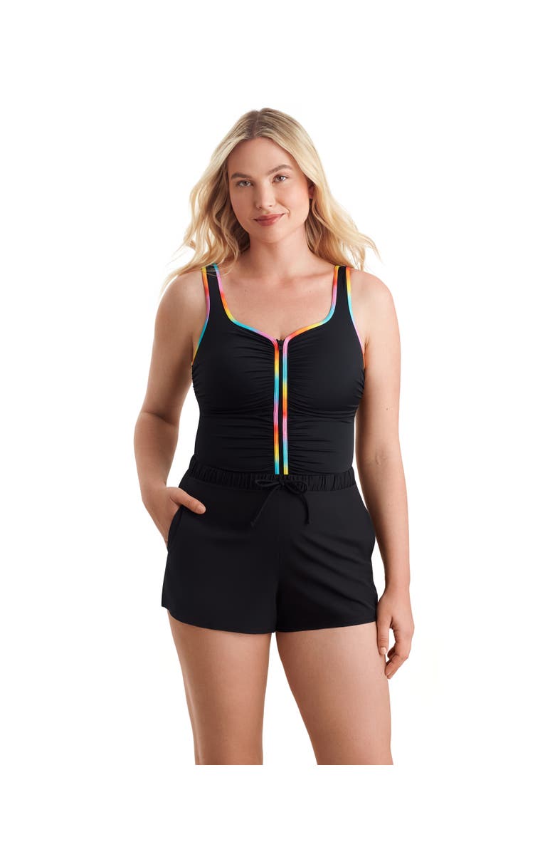 ShapeSolver Sport Shirred Zipper Runaround Chlorine Resistant One-Piece Swimsuit, Main, color, Ombre Sorbet