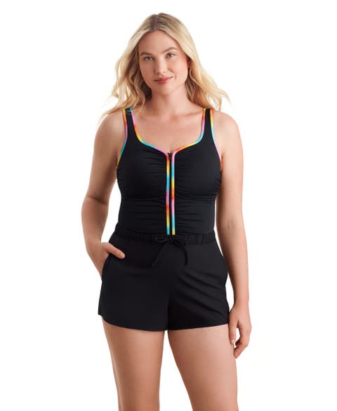 Shirred Zipper Runaround Chlorine Resistant One-Piece Swimsuit