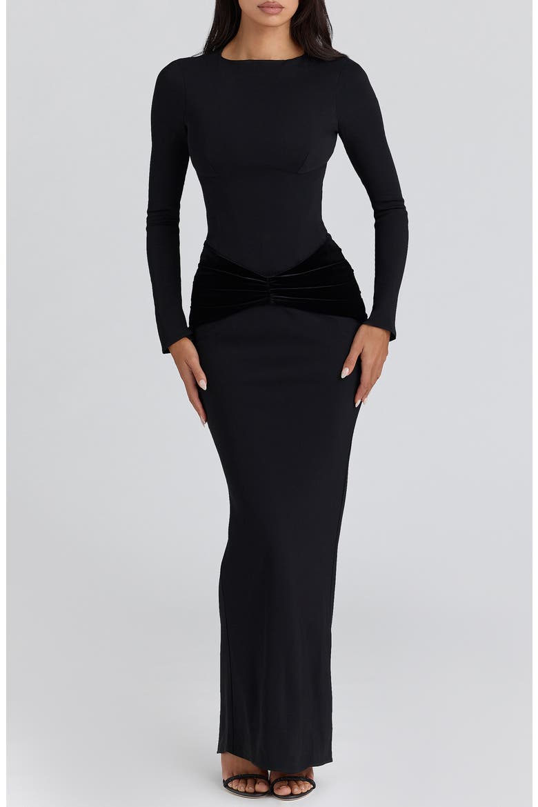 Athena Long Sleeve Stretch Crepe Gown, Alternate, color, BLACK