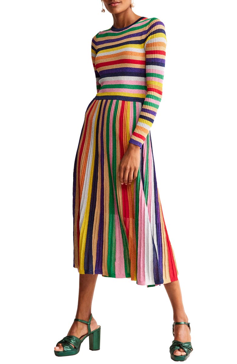 Boden Metallic Stripe Long Sleeve Ribbed Sweater Dress, Main, color, 