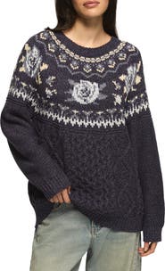 Lucky Brand Floral Fair Isle Crew Sweater