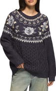 Lucky Brand Floral Fair Isle Crew Sweater