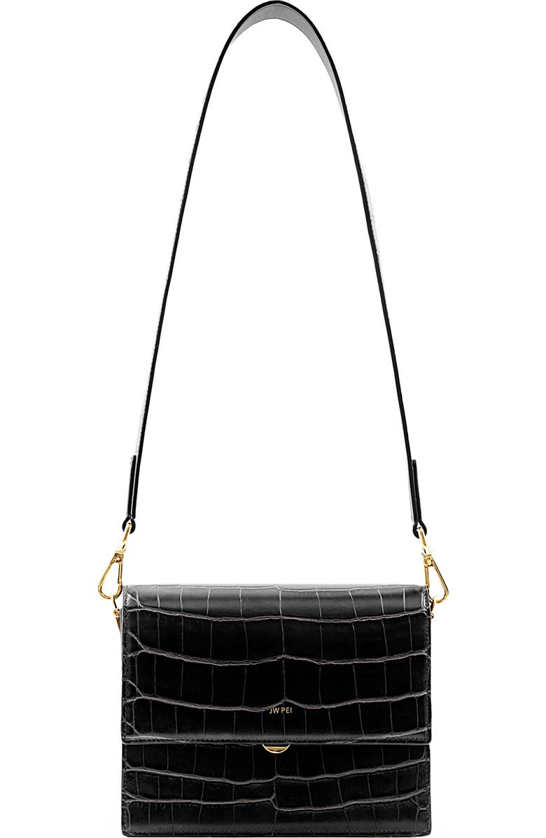 JW PEI Mini Flap Croc Embossed Faux Leather Shoulder Bag, Main, color, Black Croc