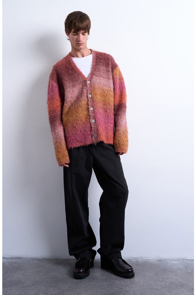 Oversize Ombré Stripe Fluffy Cardigan, Alternate, color, BURGUNDY