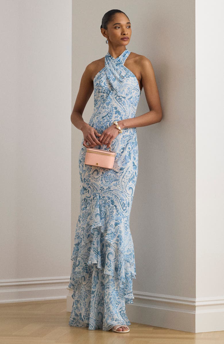 Lauren Ralph Lauren Halter Ruffle Maxi Dress, Alternate, color, White/ Blue Multi