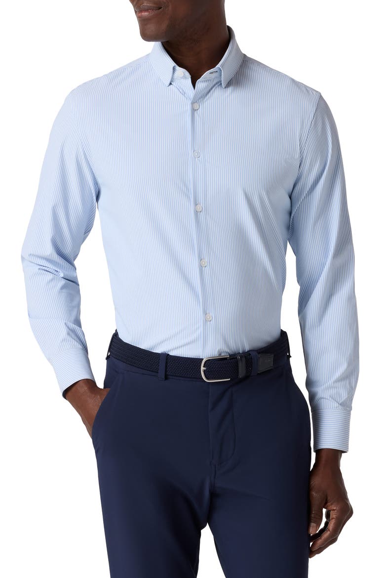 Leeward Trim Fit Stripe Performance Button-Up Shirt, Main, color, BEL AIR BLUE BANKER STRIPE