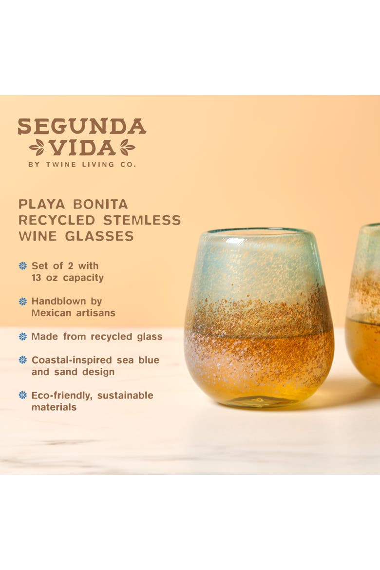 Segunda Vida Playa Bonita Recycled Stemless Wine Glasses Set of 2, Alternate, color, Blue