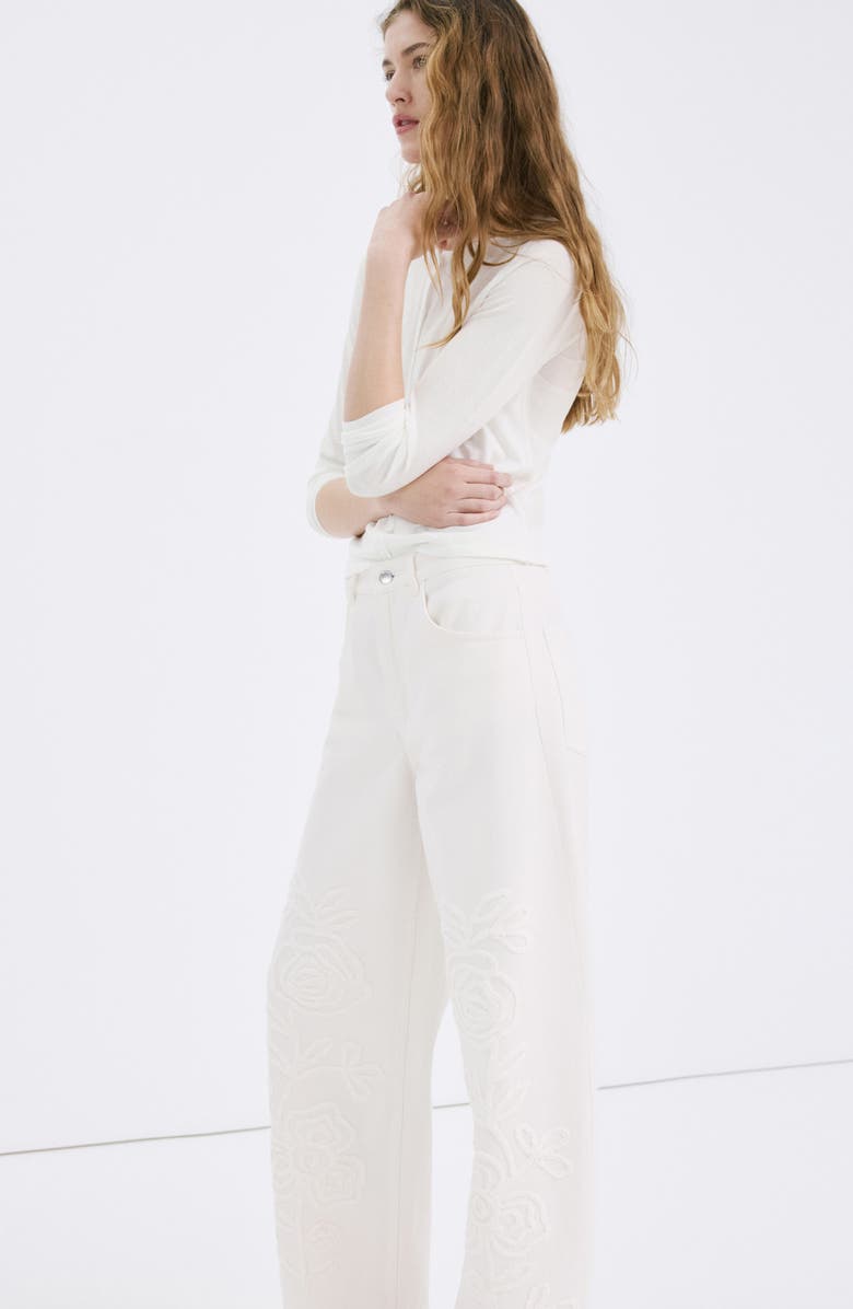 MANGO Floral Embroidered Wide Leg Jeans, Alternate, color, 