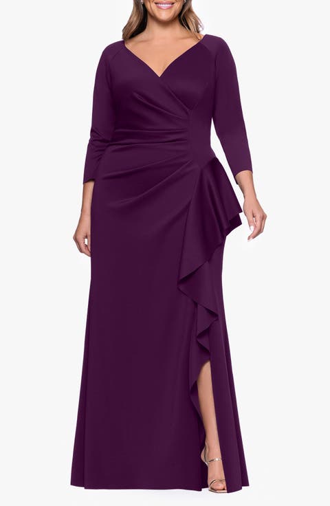 Ruched Scuba Knit Ruffle Gown