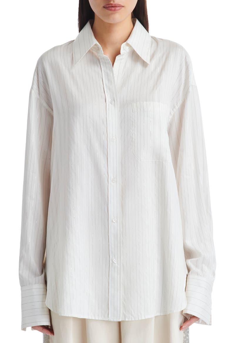 Big Joe Metallic Stripe Silk Button-Up Shirt, Main, color, IVORY MULTI