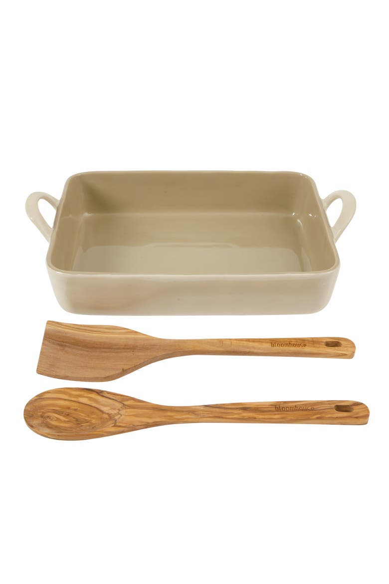 3-Piece Ceramic Bakeware Set with Olive Wood Tools, Main, color, Linen/Taupe