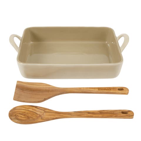 3-Piece Ceramic Bakeware Set with Olive Wood Tools