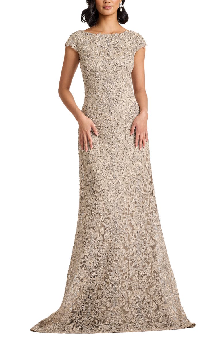 Tadashi Shoji Bateau Neck Lace Gown, Alternate, color, Pumice