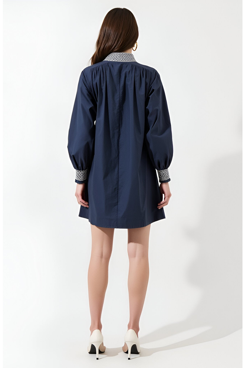Long Sleeve Mini Dress with Embroidered Waist, Cuffs and Collar, Alternate, color, Blue