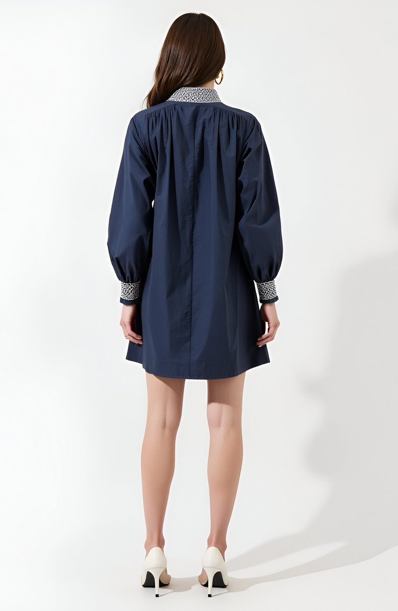 Modenaire Long Sleeve Mini Dress with Embroidered Waist, Cuffs and Collar, Alternate, color, Blue