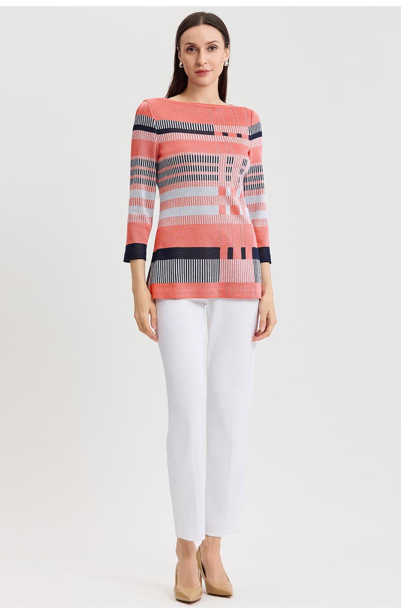 Ming Wang Classic Jacquard Colorblock Soft Knit Tunic, Main, color, Sunkist Coral/White/Indigo