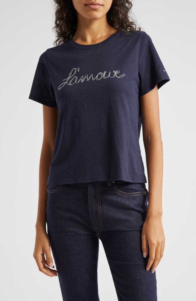 Cinq à Sept Silver Chain L'Amour Cotton T-Shirt, Main, color, Navy/White