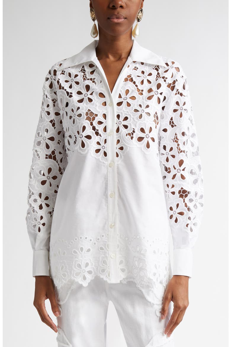 Oversize Eyelet Button-Up Shirt, Main, color, W0800 BIANCO OTTICO