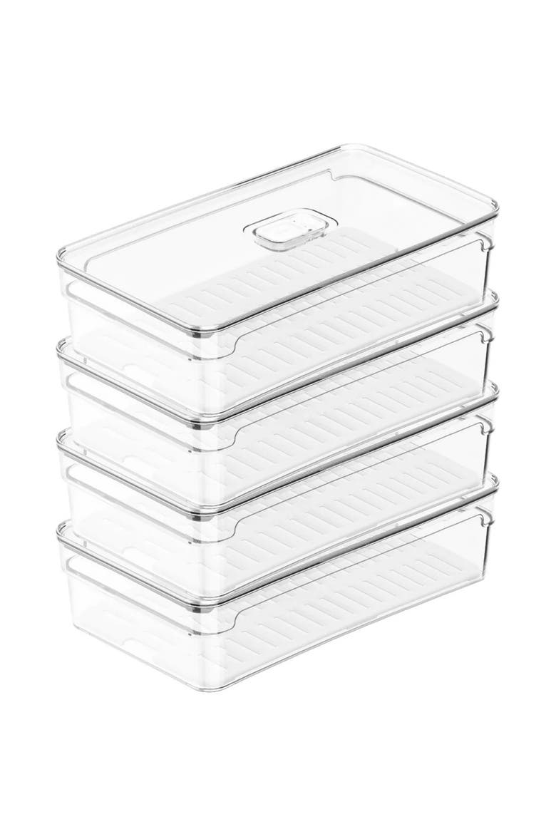 Clear Stackable Fridge Organizer Bin with Drain Tray and Vented Lid, 4 Pack, Main, color, Clear with White Drainer