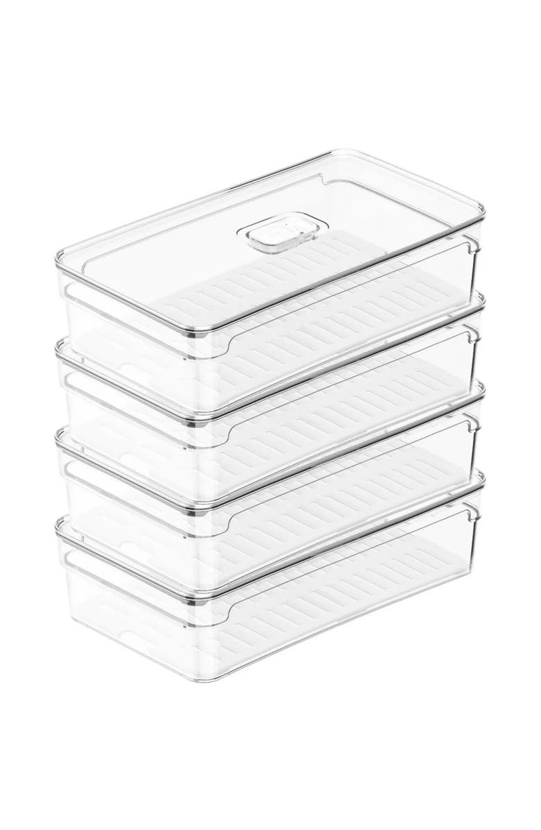 OU Clear Stackable Fridge Organizer Bin with Drain Tray and Vented Lid, 4 Pack, Main, color, 