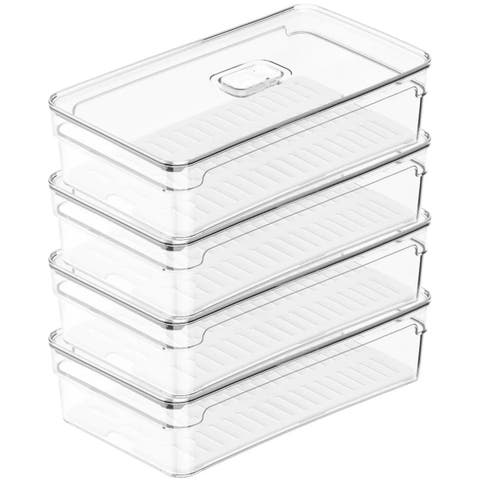 Clear Stackable Fridge Organizer Bin with Drain Tray and Vented Lid, 4 Pack