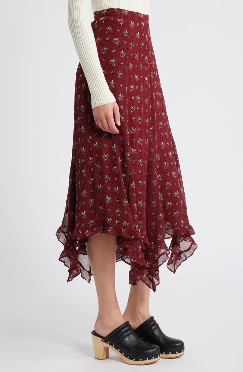 PAIGE Rotelle Floral Handkerchief Hem Silk Chiffon Skirt, Alternate, color, Oxblood Multi