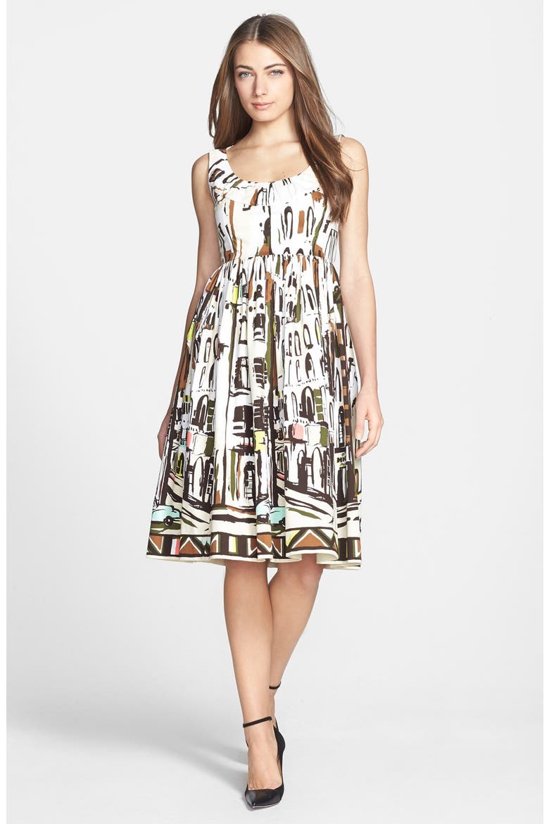 'landscape' print stretch cotton fit & flare dress, Main, color, MULTI CUBAN LANDSCAPE SCENE