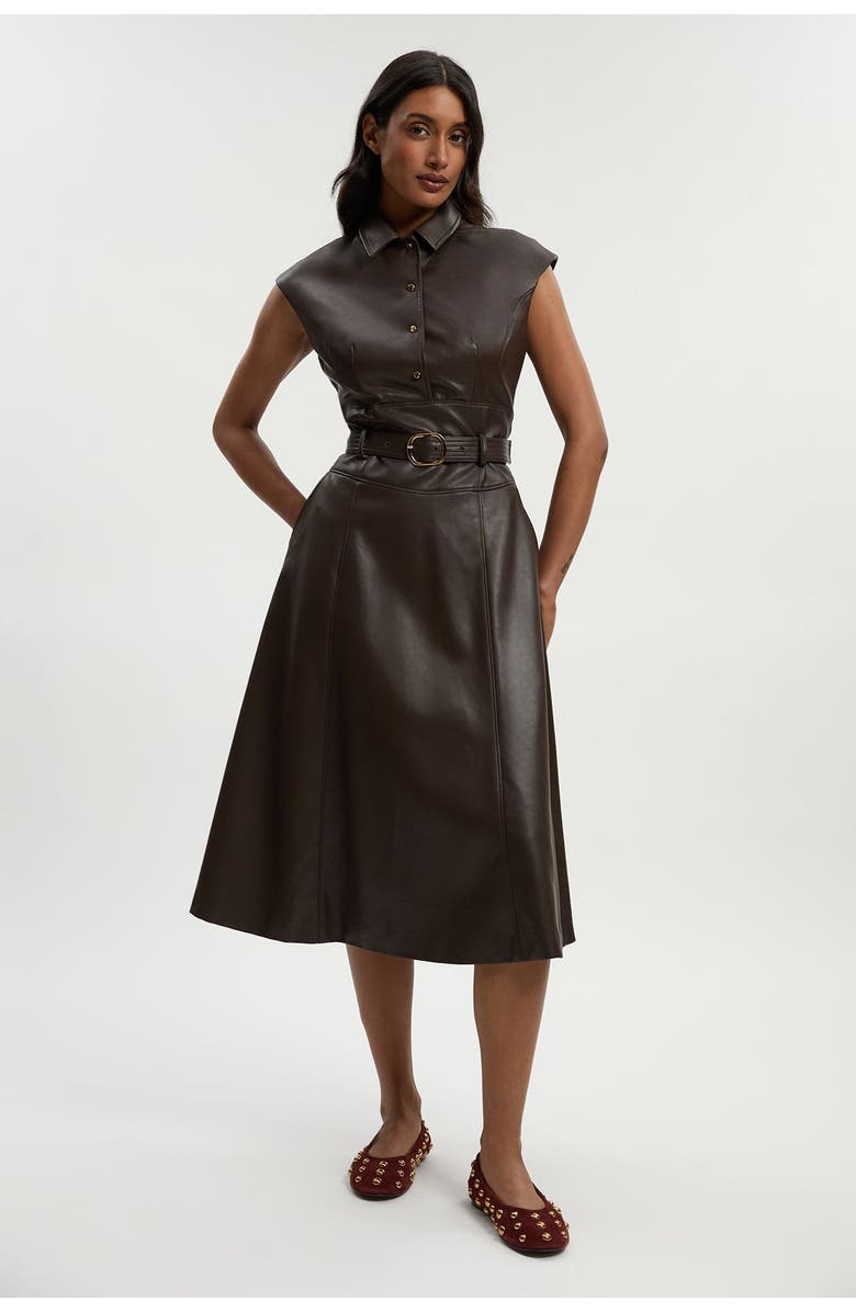 Karen Millen Faux Leather Belted Midi Dress, Main, color, Chocolate