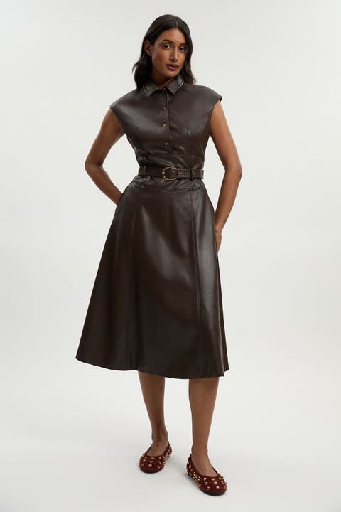 Faux Leather Belted Midi Dress