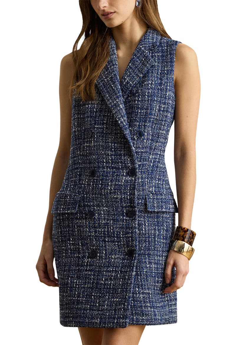 Double Breasted Sleeveless Bouclé Coat Dress, Alternate, color, NAVY BLUE MULTI