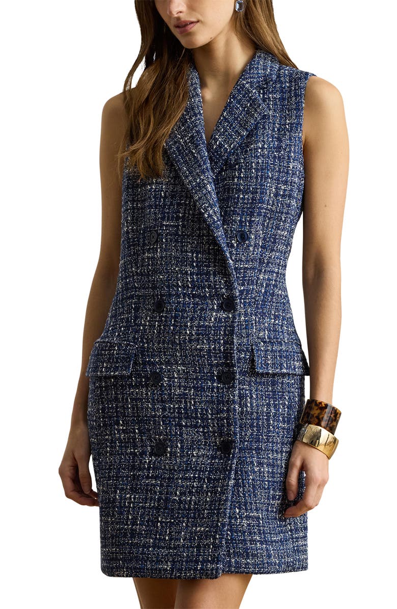 Lauren Ralph Lauren Double Breasted Sleeveless Bouclé Coat Dress, Alternate, color, Navy Blue Multi