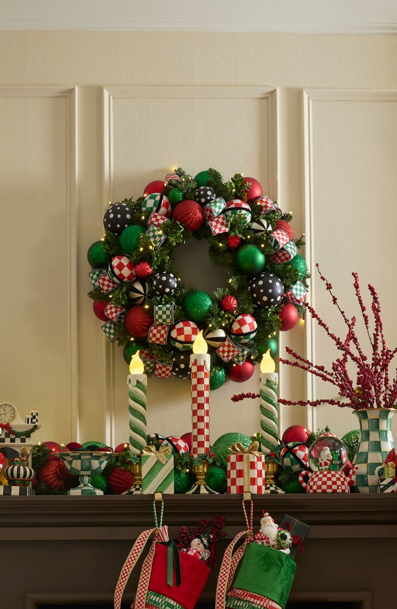 MACKENZIE CHILDS Check It Out Illuminated Holiday Wreath, Alternate, color, Green