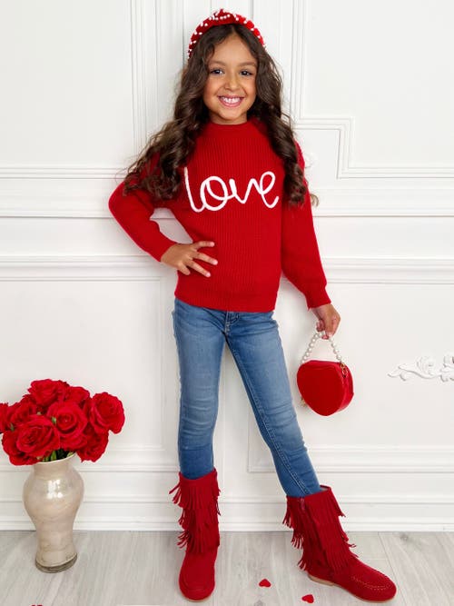 Mia Belle Girls Love At First Sight Embroidered Chunky Knit Sweater In Red