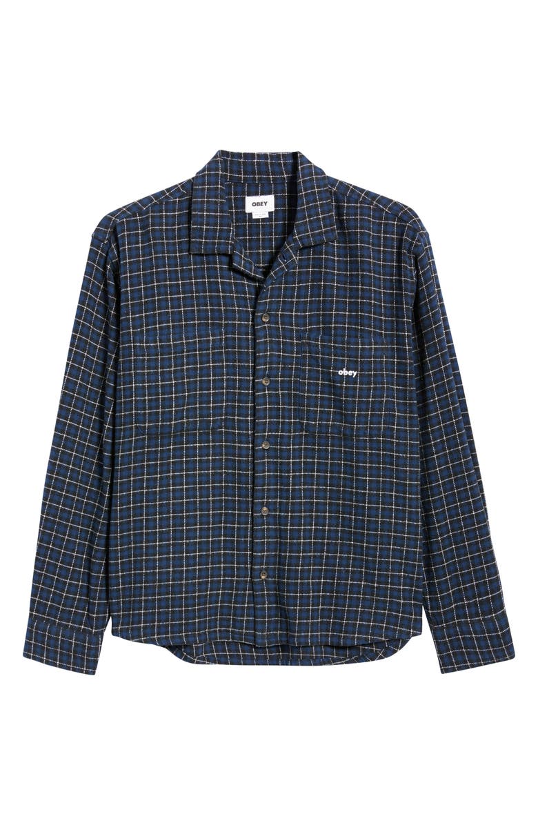 Obey Adams Plaid Long Sleeve Flannel Long Sleeve Camp Shirt, Alternate, color, Academy Navy Multi