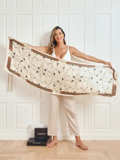 Silksilky 100% Mulberry Silk Printed Rectangular Long Shawl Scarf 170x53cm In Sand