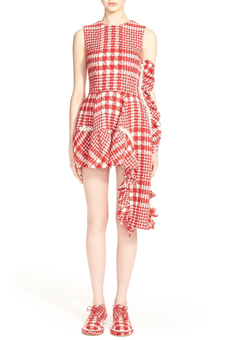 Plaid Tweed Drop Hem Dress, Main, color, RED