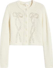 LoveShackFancy Leocadia Embellished Bow Wool Blend Cardigan