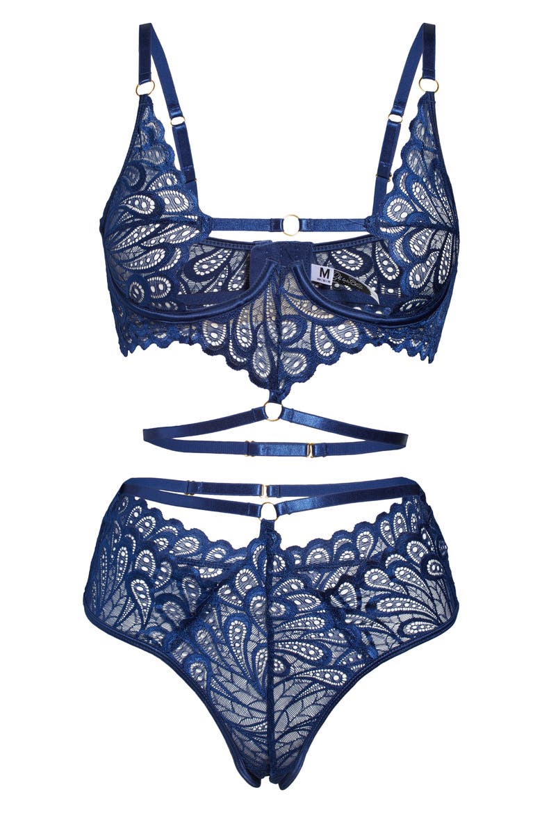 Melody Caged Lace Bra & Briefs Set, Alternate, color, ESTATE BLUE