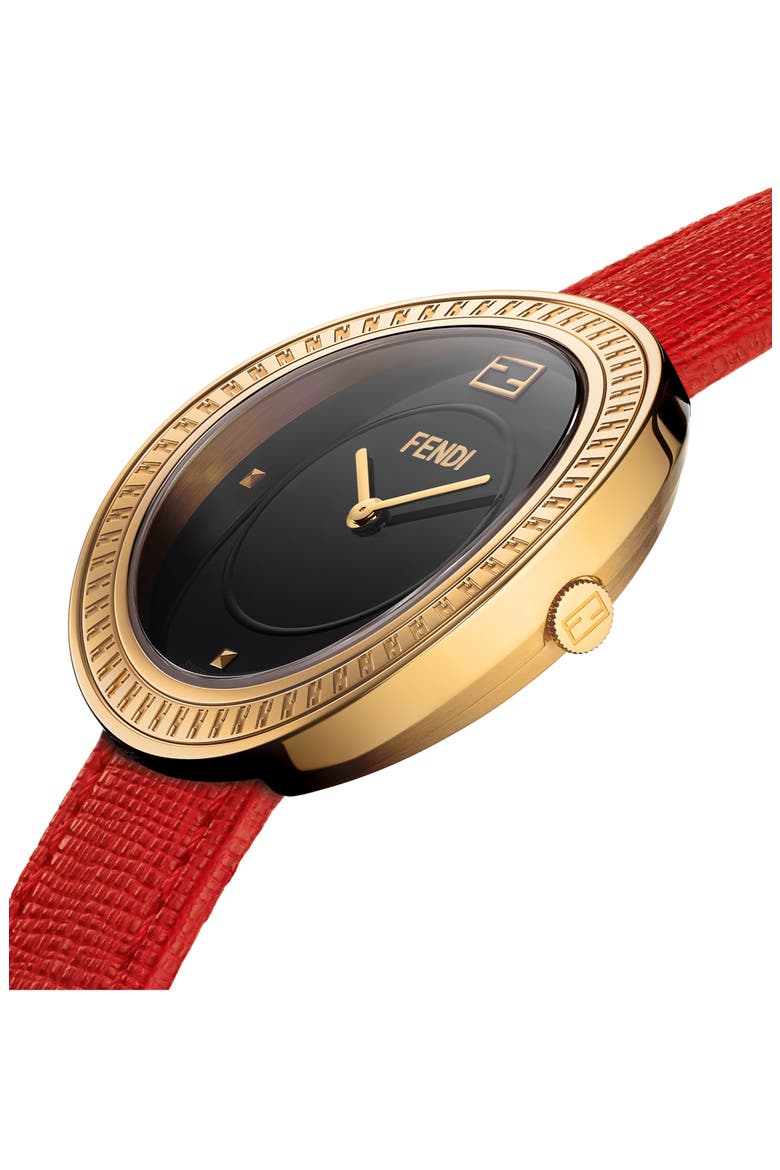 My Way Genuine Fox Fur Leather Strap Watch, 36mm, Alternate, color, GOLD