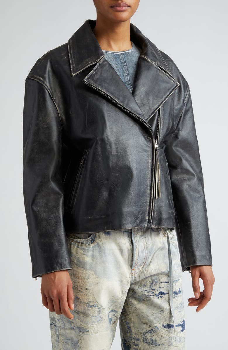Acne Studios Lilket Distressed Leather Moto Jacket, Alternate, color,