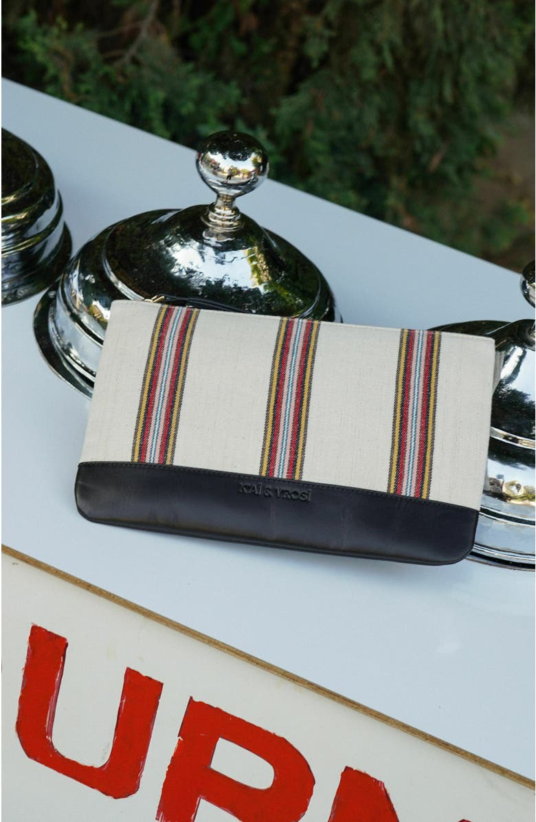 K'ai & Vrosi Antiochia Calfskin & Handloomed Fabric Clutch, Alternate, color, Black