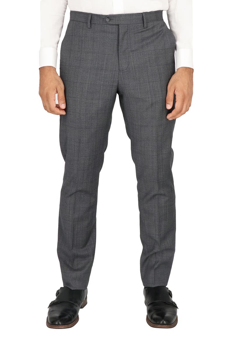 Grey Windowpane Check Flat Front Stretch Wool Dress Pants, Main, color, GREY WINDOWPANE