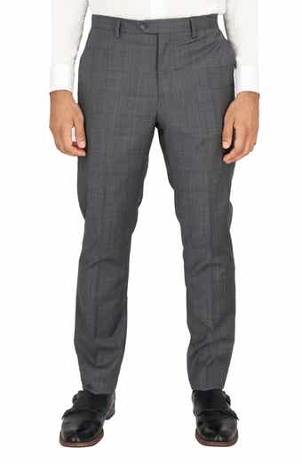 Grey Windowpane Check Flat Front Stretch Wool Dress Pants