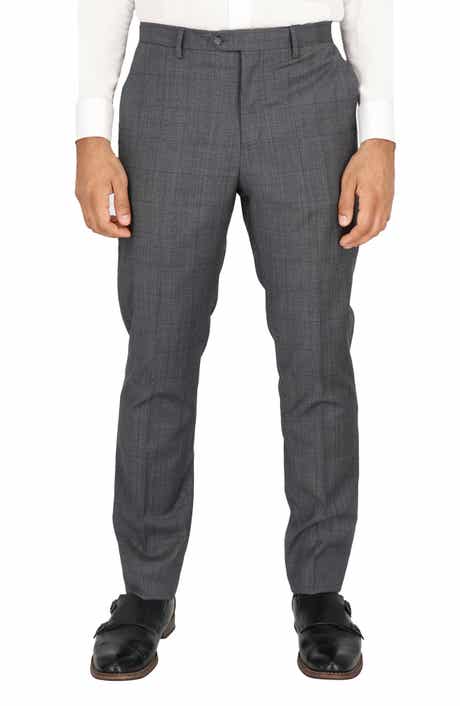 Grey Windowpane Check Flat Front Stretch Wool Dress Pants