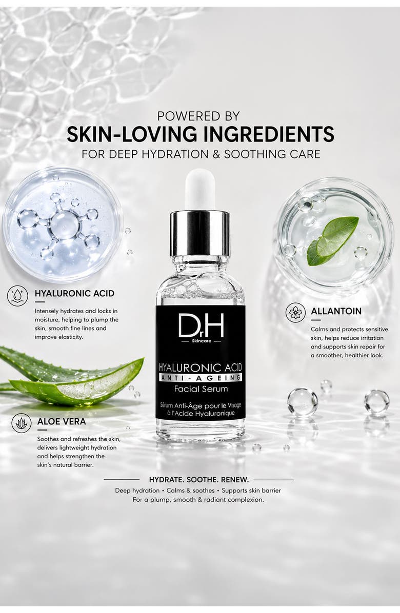 Dr H Anti-Ageing Hyaluronic Acid Facial Serum 30ml for Dryness, Fine Lines & Wrinkles, Alternate, color, White