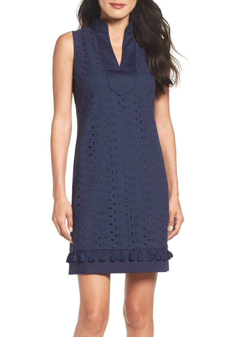 Mandarin Collar Lace Shift Dress, Alternate, color, NAVY
