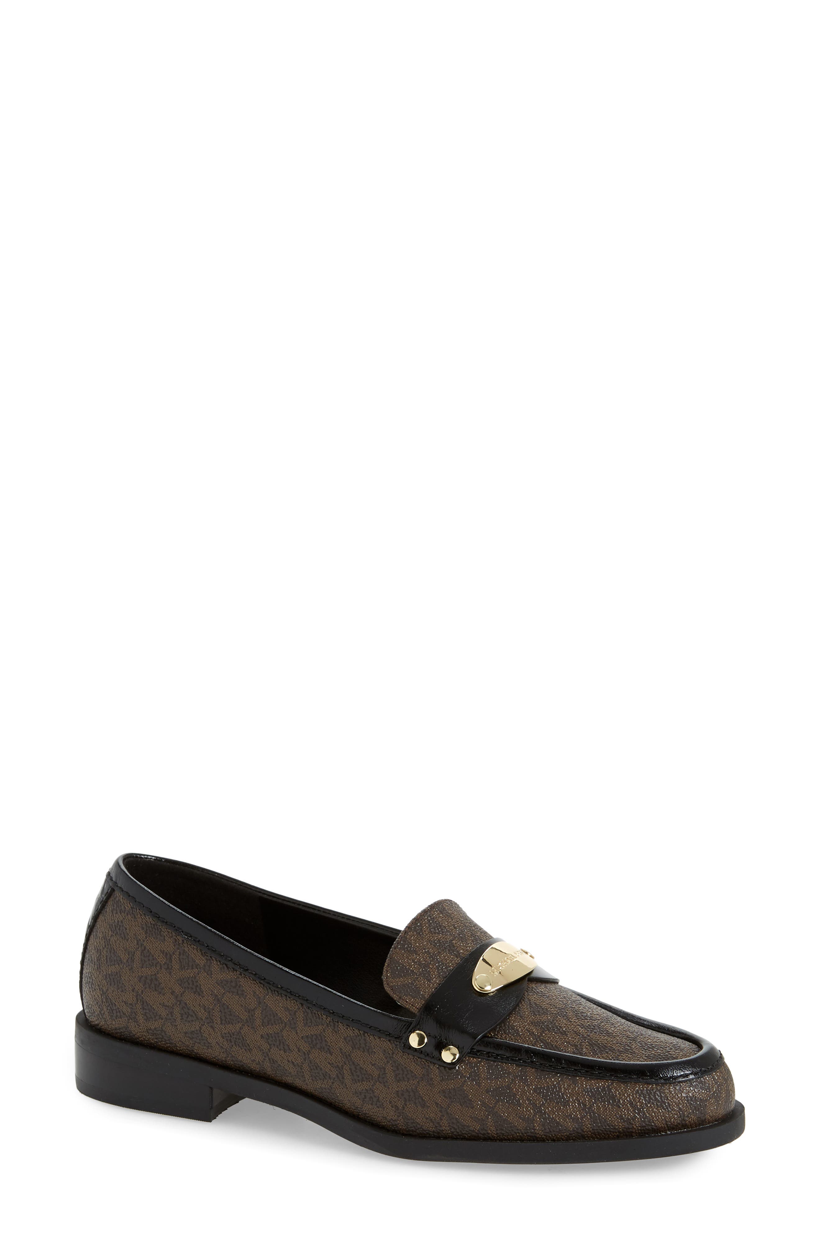 Finley Logo Plaque Loafer, Main, color, BROWN/ BLACK