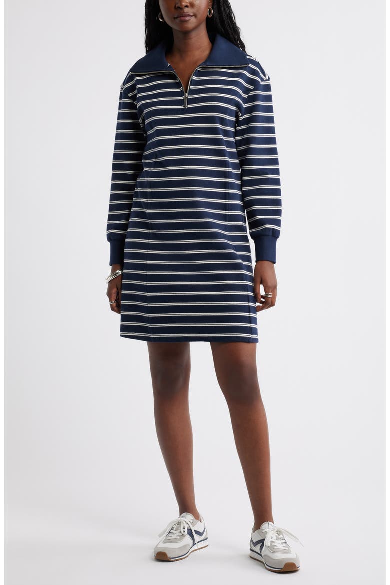 Long Sleeve Half Zip Knit Travel Dress, Main, color, NAVY S IVORY SABRINA STRIPE