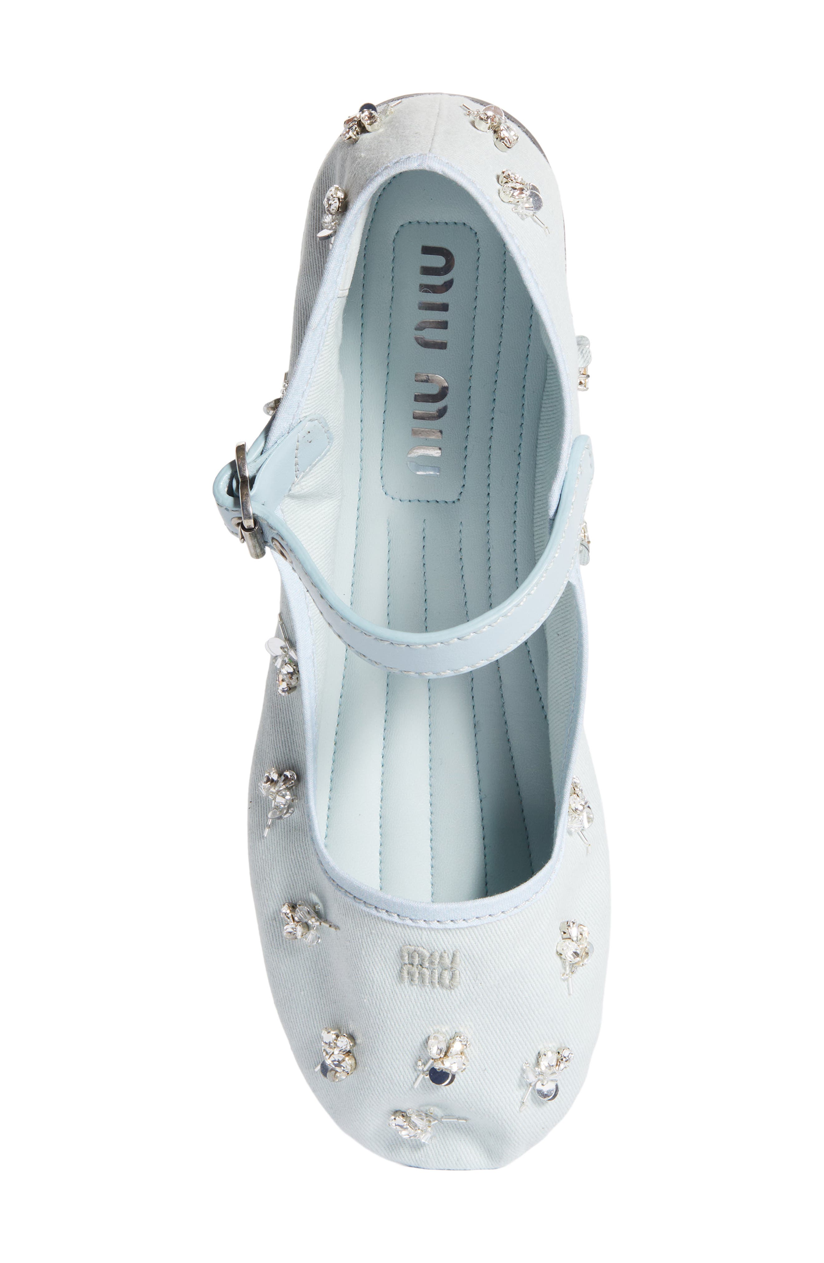Miu Miu Crystal Embellished Canvas Mary Jane Ballet Flat, Alternate, color, Blue