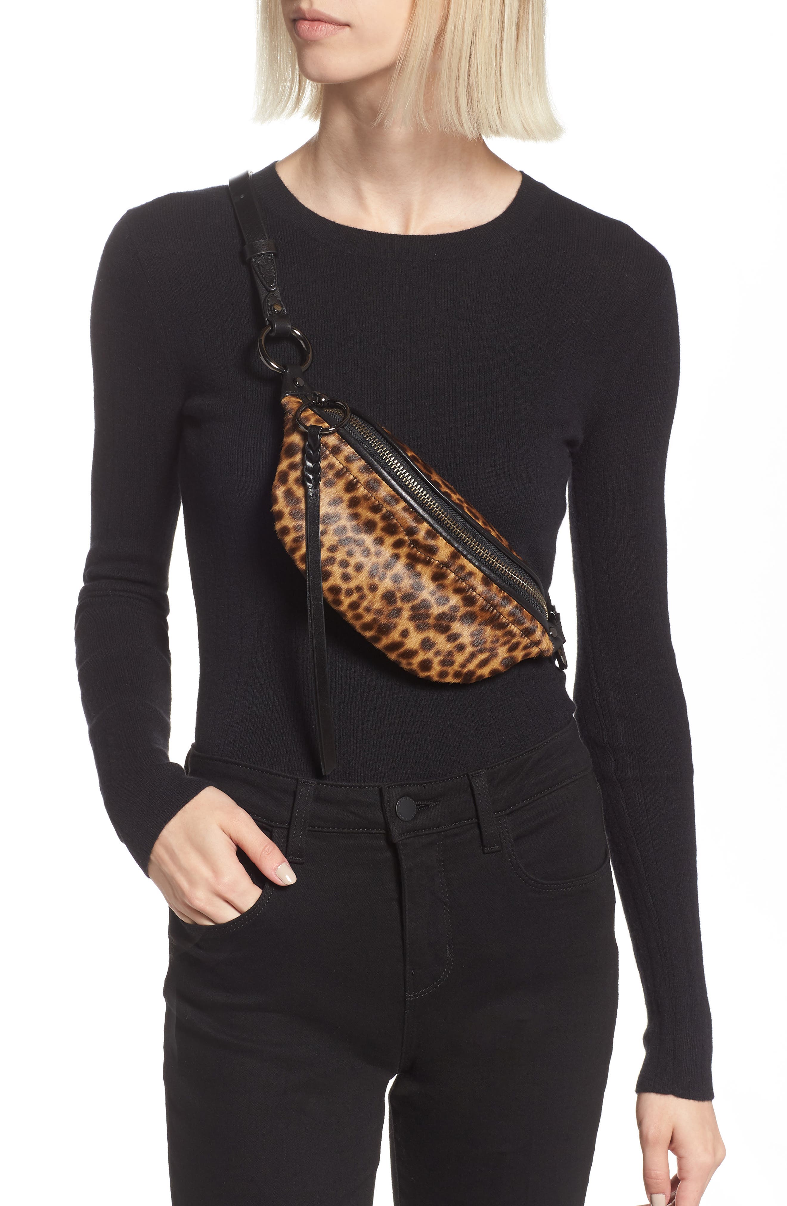 Rebecca Minkoff Mini Bree Leopard Print Genuine Calf Hair Belt Bag, Alternate, color, 